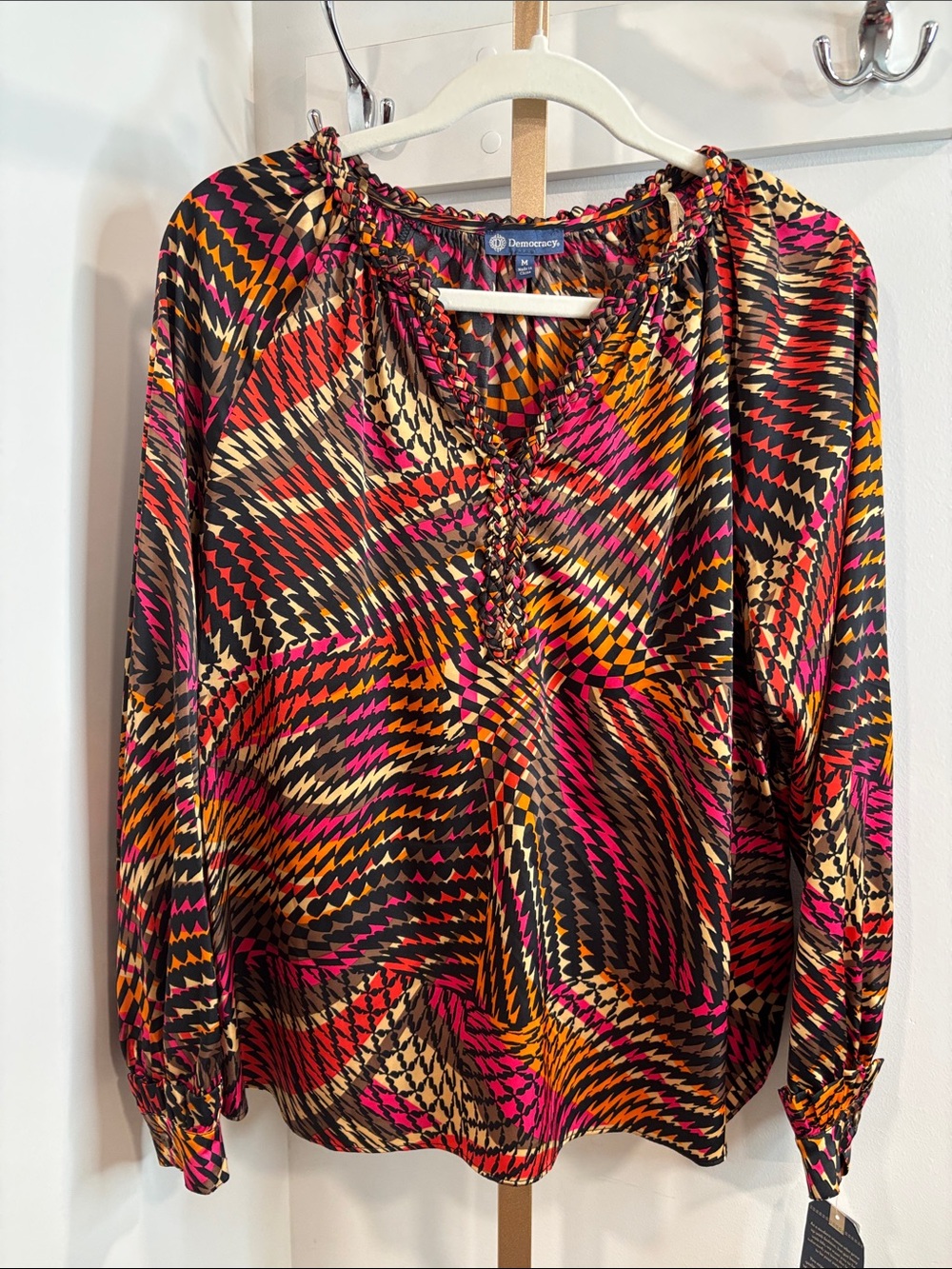 Democracy Multicolor Geometric Peasant Blouse — Pink, Orange, Black